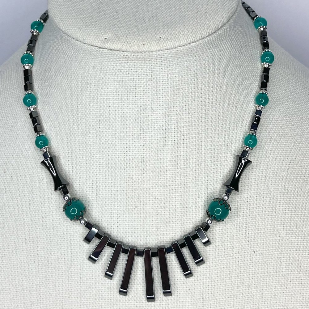 Handmade Genuine Hematite & Teal Jade Fan/Bib Necklace